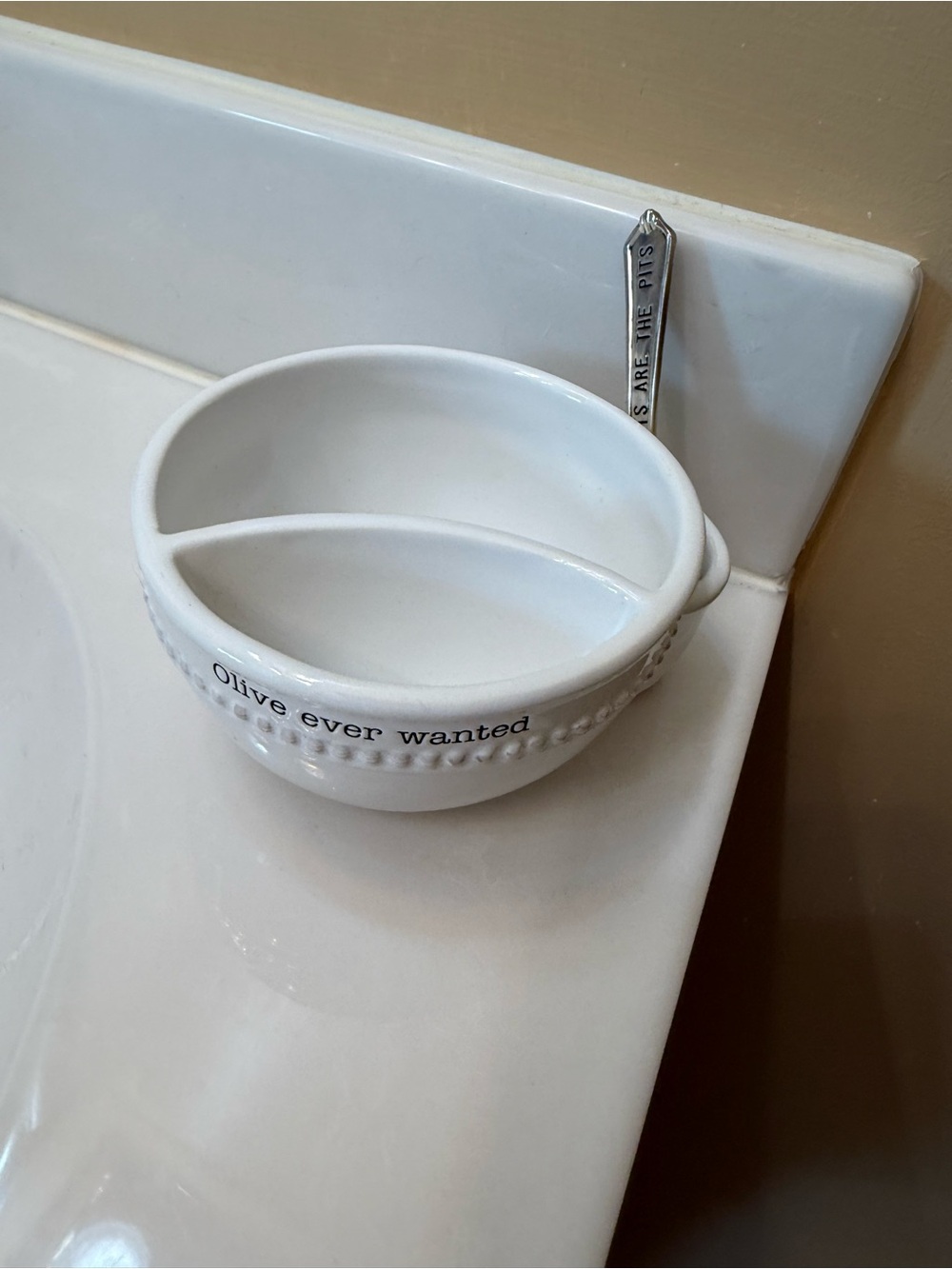 Mud Pie White Ceramic Divided Olive Bowl with Beaded Rim - Picture 6 of 6
